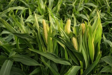 Obraz premium Corn stalks sway gently in the warm sunlight, showcasing the journey from seed to harvest in a vibrant summer field