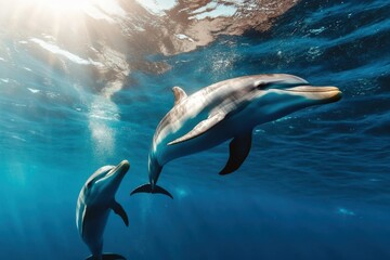 Fototapeta premium Playful dolphins swim gracefully through crystal-clear waters under the warm sunlight in a serene ocean setting