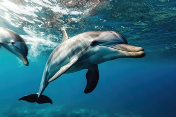 Dolphins glide gracefully through vibrant ocean waters during a sunny day, showcasing their playful nature and intelligence