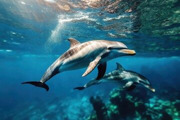 Obraz premium Dolphins glide gracefully through crystal-clear waters, showcasing their playful nature in a vivid underwater paradise