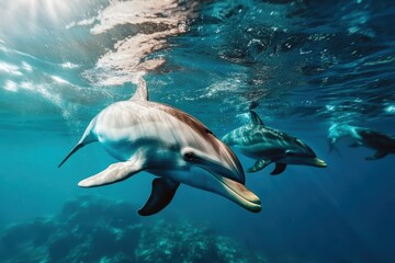 Obraz premium Dolphins gracefully swimming in crystal-clear ocean waters during a serene day under the sun