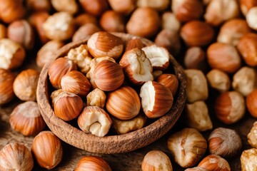 Fototapeta premium Freshly harvested hazelnuts arrangement in rustic bowl showcasing their natural beauty and texture on wooden table