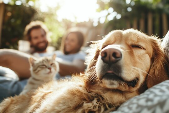 Enjoying a sunny afternoon with a golden retriever and a cat while lounging in the garden