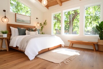 Bright and airy bedroom with natural elements inviting tranquility and comfort during a sunny afternoon