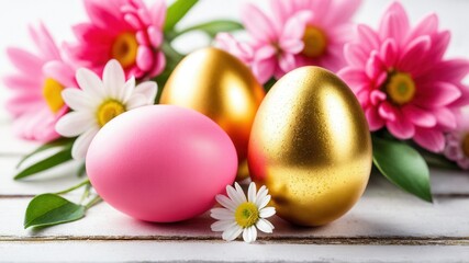 Elegant golden and pink easter eggs with blossoms on wooden background