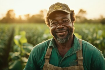 Smiling farmer stands proudly in lush green field during golden hour sunshine