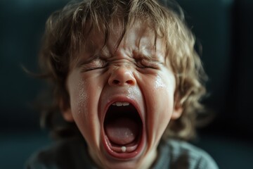 A young child expresses deep emotion with a loud, heartfelt scream in a cozy indoor setting