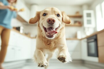 Joyful golden retriever bounding through a bright kitchen while owner prepares treats
