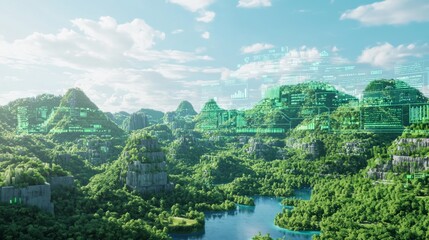 Futuristic Augmented Reality Interface Enhancing Natural Landscape with Digital Information - Ultra-Detailed 3D Render Artwork