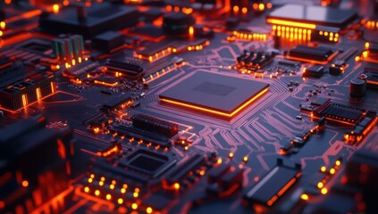 Obraz premium Close-up of a Glowing Motherboard with Circuitry