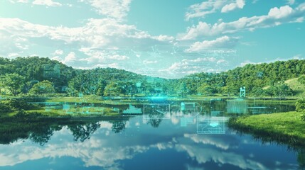 Fototapeta premium Futuristic Augmented Reality Interface Enhancing Natural Landscape with Interactive 3D Elements - Ultra-Detailed Digital Artwork