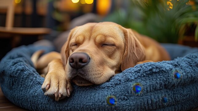 A peaceful golden retriever dog sleeps soundly in its comfy pet bed outdoors.