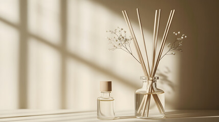 Tranquil Aromas: Essential Oil Bottle with Wooden Diffuser Sticks Evoking Serenity and Purity