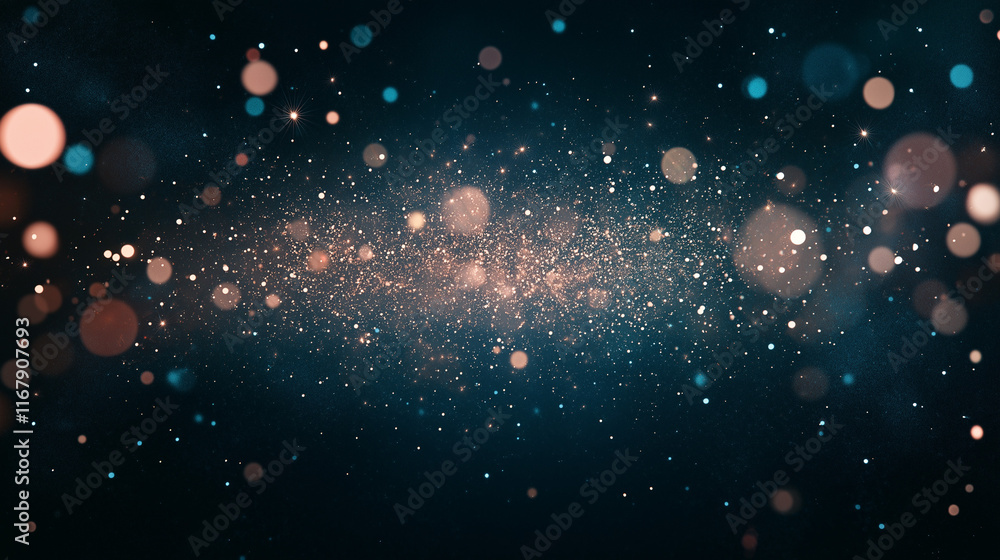 Poster cosmic sparkle: abstract bokeh background with a mesmerizing blend of teal, rose gold, and deep blue
