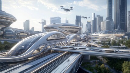 Futuristic Transportation Hub with Autonomous Vehicles, High-Speed Trains, and Aerial Drones - 3D Render Digital Artwork