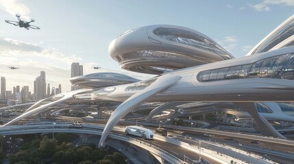 Obraz premium Futuristic Transportation Hub with Autonomous Vehicles, High-Speed Trains, and Aerial Drones in Seamless Network 3D Render Digital Artwork