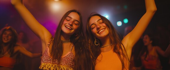 Naklejka premium Two Happy Young Women Dancing at a Concert