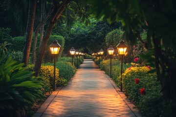 Fototapeta premium Illuminated Pathway Through a Lush Garden