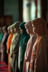 Naklejka premium Women in head coverings pray, standing in a row.