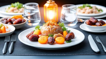 A beautifully arranged dinner table featuring a festive meal.