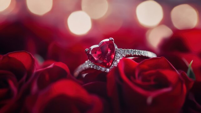 A stunning heart-shaped ruby ring nestled among vibrant red roses, symbolizing love and romance.