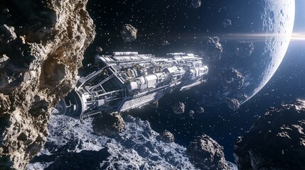 Cosmic Harvest: Futuristic Space Mining Operation with Advanced Machinery and Sustainable Practices