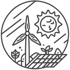 Windmill, Sun, and Solar Panels: A Clean Energy Line Art Design