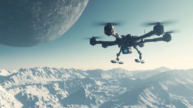 Futuristic Exoplanet Exploration Drone Capturing Surreal Extraterrestrial Landscapes | High-Tech 3D Render Digital Artwork