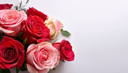 Fototapeta premium red and pink rose bouquet close up on white background with space for text