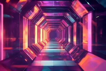 Fototapeta premium Neon Lit Hexagonal Corridor Futuristic Design