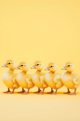 Fototapeta premium Adorable Ducklings in Single File: A Parade of Fluff on Soft Yellow