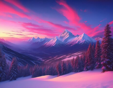 snow covered peaks in the distance under a breathtaking pink and purple sky the landscape embodies tranquility and the beauty of naturers silent vistas for a meditative escape