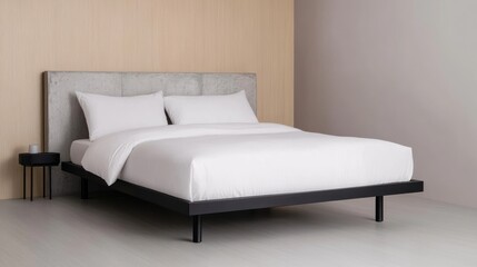 Modern minimalist bedroom featuring a simple bed and decor.
