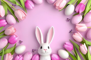 Adorable easter bunny with colorful eggs and pink tulips on pastel background