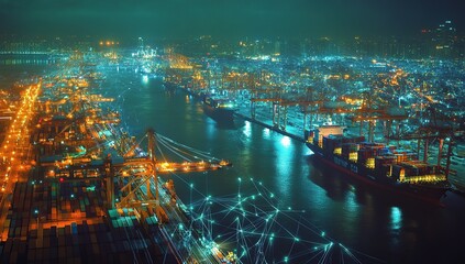 Fototapeta premium A cargo ship in the harbor is connected to digital networks and data