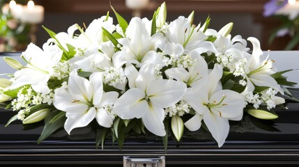 Elegant white lily and gypsophila funeral arrangement on casket with candlelit background
