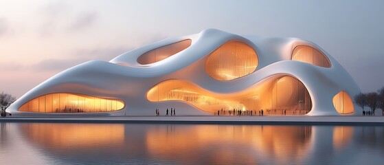 Modern white building with illuminated interior, waterfront view.