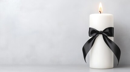 Elegant white candle with black bow on minimalist gray background