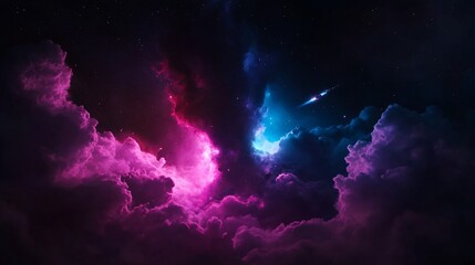 Naklejka premium Cosmic clouds of pink and blue nebulae with shooting star.