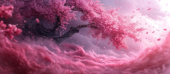 Obraz premium Enchanting Springtime Blossoms in a Dreamlike Floral Wonderland Vibrant pink petals cascading through a surreal serene landscape creating a captivating and romantic atmosphere