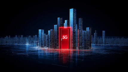 5G Gateway to the Future:  A futuristic cityscape illuminated by the glow of a red 5G door, symbolizing the boundless possibilities and connectivity of next-generation technology.  
