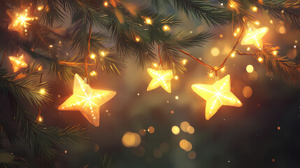 String of starshaped christmas lights on fir branches, glowing warmly with soft defocused background, holiday magic, shimmering festive ambiance. Starshade. Illustration
