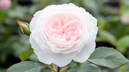 Delicate light pink rose bloom with bud in lush green garden setting