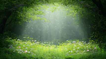 Obraz premium Enchanted Forest Path: A mystical pathway through a dense forest, bathed in ethereal sunlight, with wildflowers blooming beneath the canopy of lush greenery.