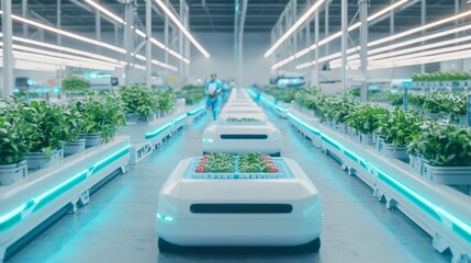 Naklejka premium Futuristic AI-Guided Distribution Center Sorting Produce and Meals with Precision Efficiency