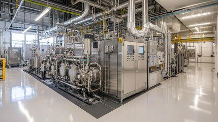 Naklejka premium Advanced Carbon Extraction Facility: Technicians Monitoring Efficiency in Sunlit Tubes of Fuel Transformation