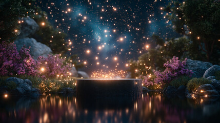 Enchanted Forest Night Scene: A mystical and ethereal nightscape where a black podium sits nestled amongst glowing flora and a mesmerizing celestial backdrop. The scene is awash with soft, warm light.