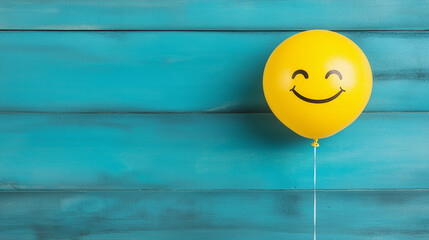 Smiling Balloon on Blue Wood: A single yellow balloon with a cheerful smiley face floats against a backdrop of vibrant blue wood planks, evoking a sense of optimism and joy.  