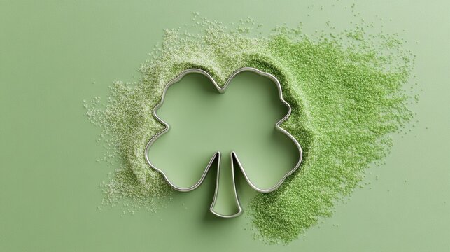Clover cookie cutter and green sugar on textured background