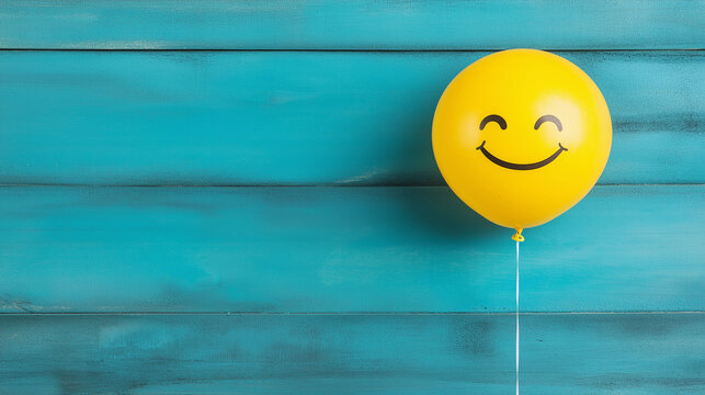 Smiling Balloon on Blue Wood: A single yellow balloon with a cheerful smiley face floats against a backdrop of vibrant blue wood planks, evoking a sense of optimism and joy.   - Powered by Adobe